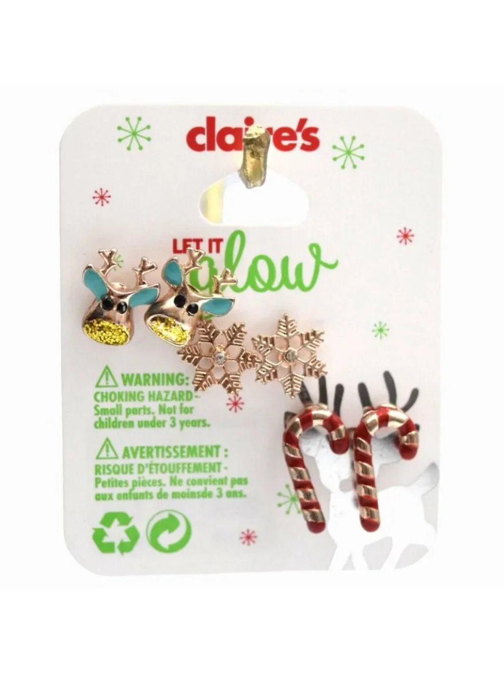 Claires Christmas Earrings Reindeer Candy Cane Snowflake 3 Pair Pierced Post
